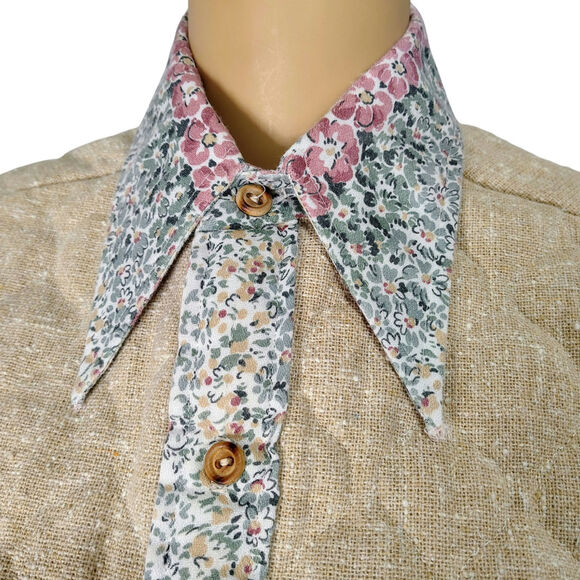 1970s Western Cream Floral Print Patchwork Quilted Yoke Button Up Shirt Size M - Picture 2 of 10